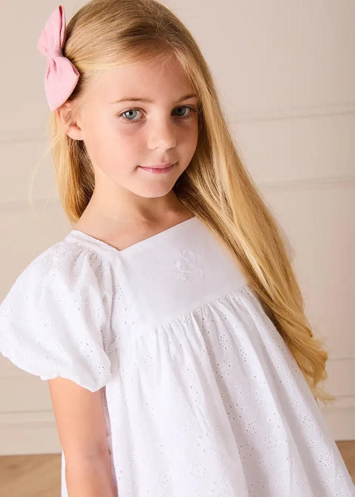 Flower Embroidered Broderie Anglaise Short Sleeve Dress in White (12mths-12yrs) DRESSES from Pepa London