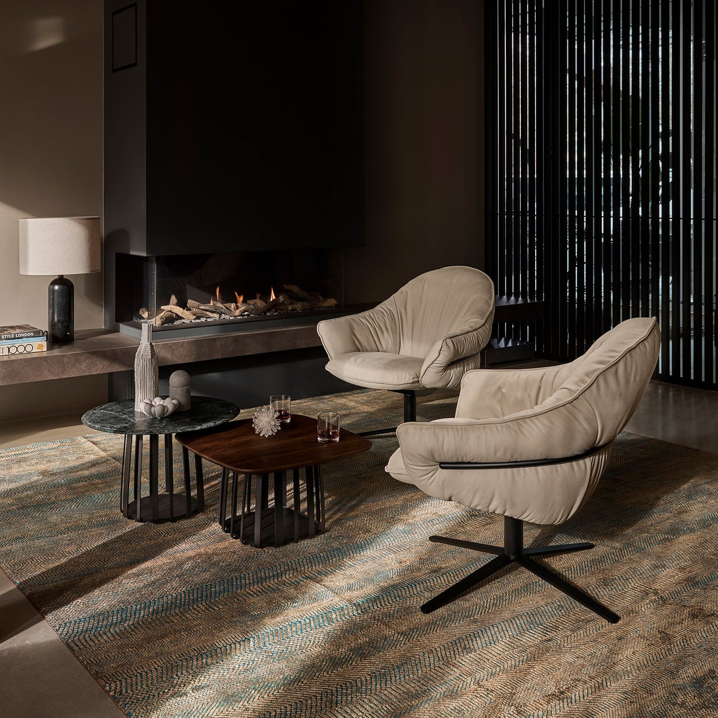 freifrau | marie lounge chair | x-base with rocker + tilting mechanism | adamo + eva tabacco + deep black frame