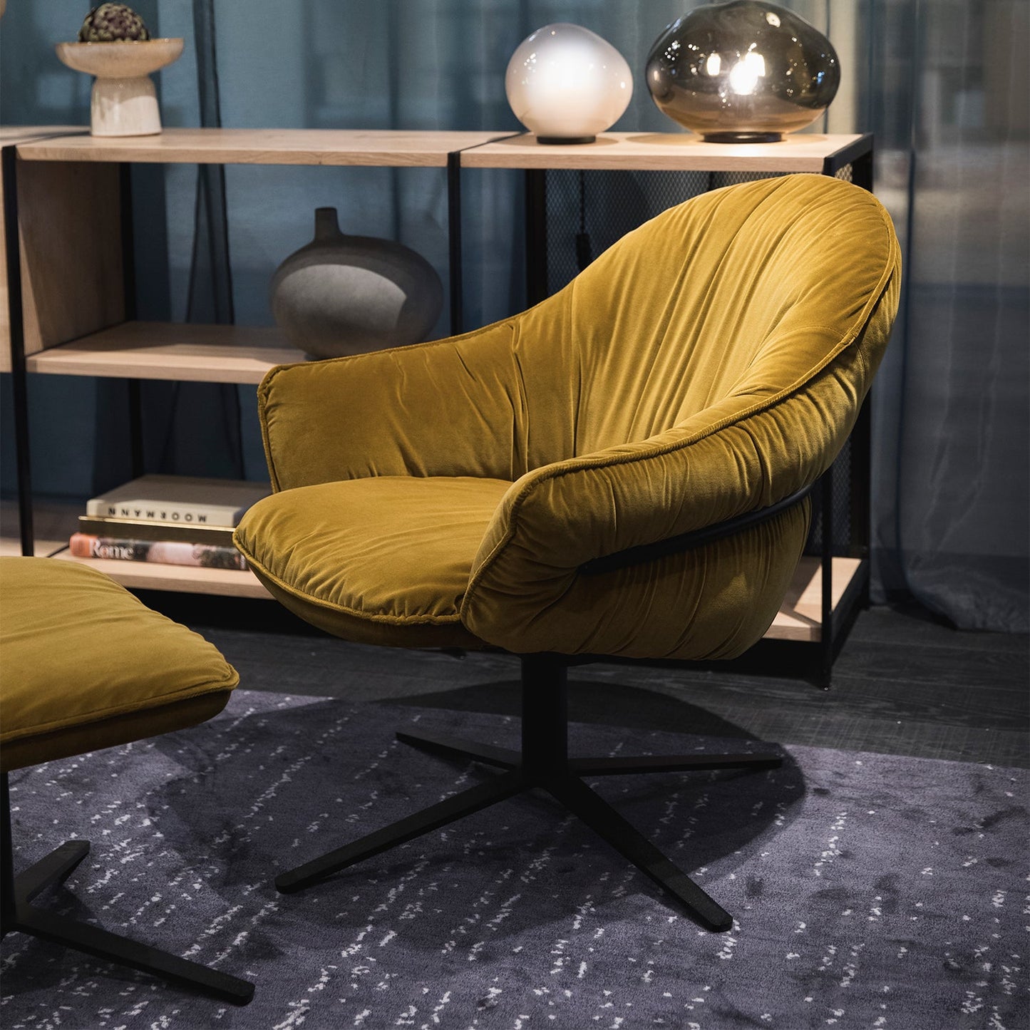 freifrau | marie lounge chair | x-base with rocker + tilting mechanism | adamo + eva tabacco + deep black frame