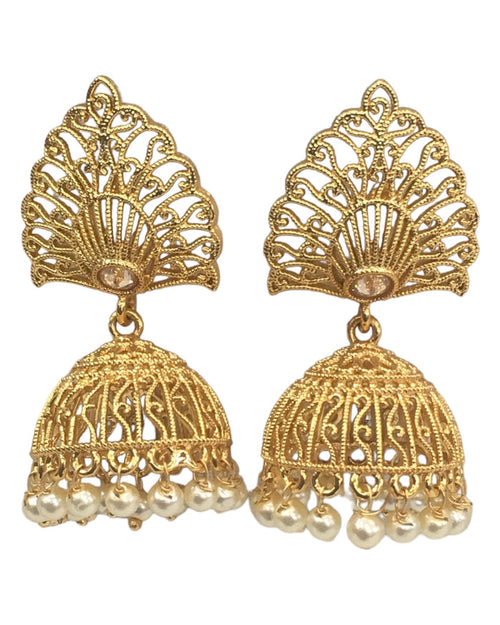 Gold - Medium - Gold Finish Traditional Zhumki Earrings - Bollywood - Weddings - SV2413 T 0724