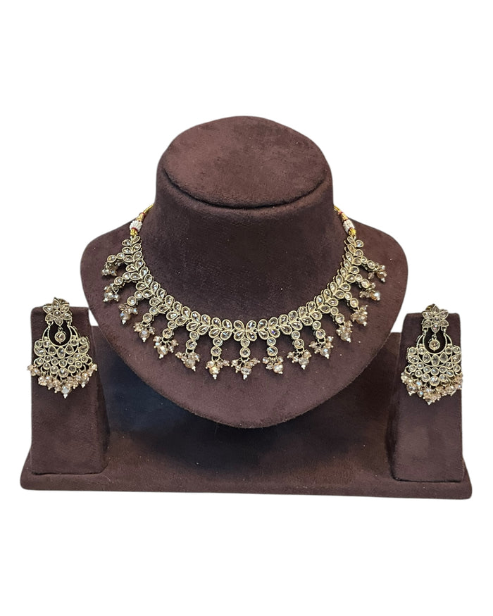 Gold / Neutral - Large Size Antique Gold Finish Necklace Set with Earrings - KAJ1015  KK 0525
