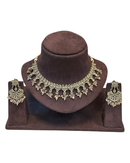 Gold / Neutral - Large Size Antique Gold Finish Necklace Set with Earrings - KAJ1015  KK 0525