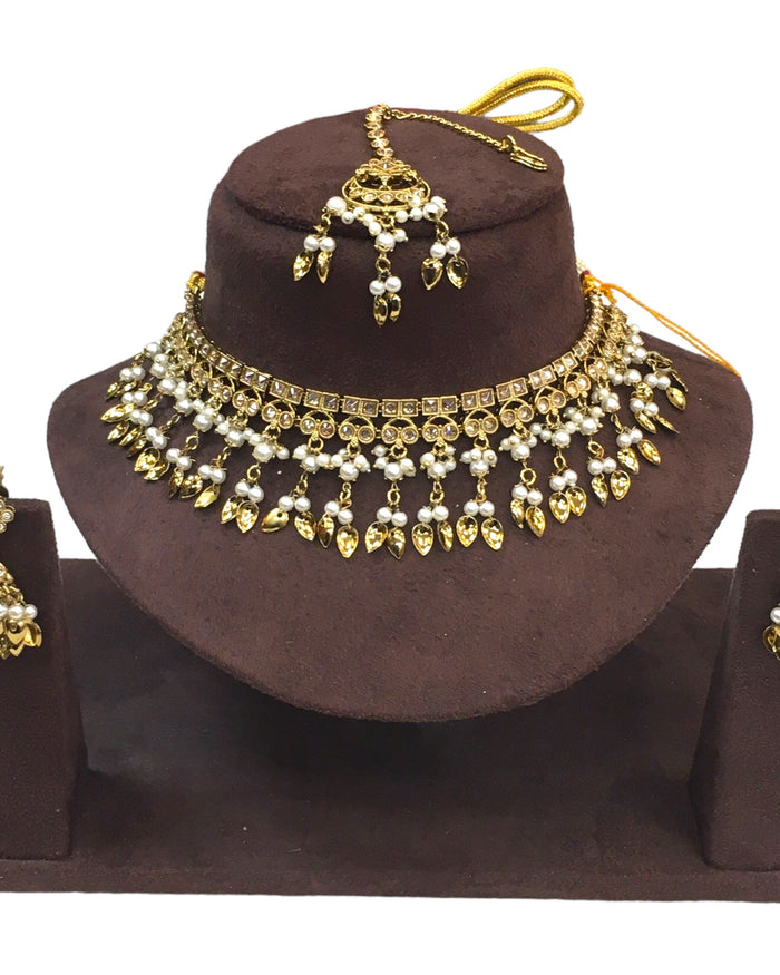 Gold / Neutral - Medium Size Antique Gold Finish Necklace Set with Earrings - HB1000  KY 0424