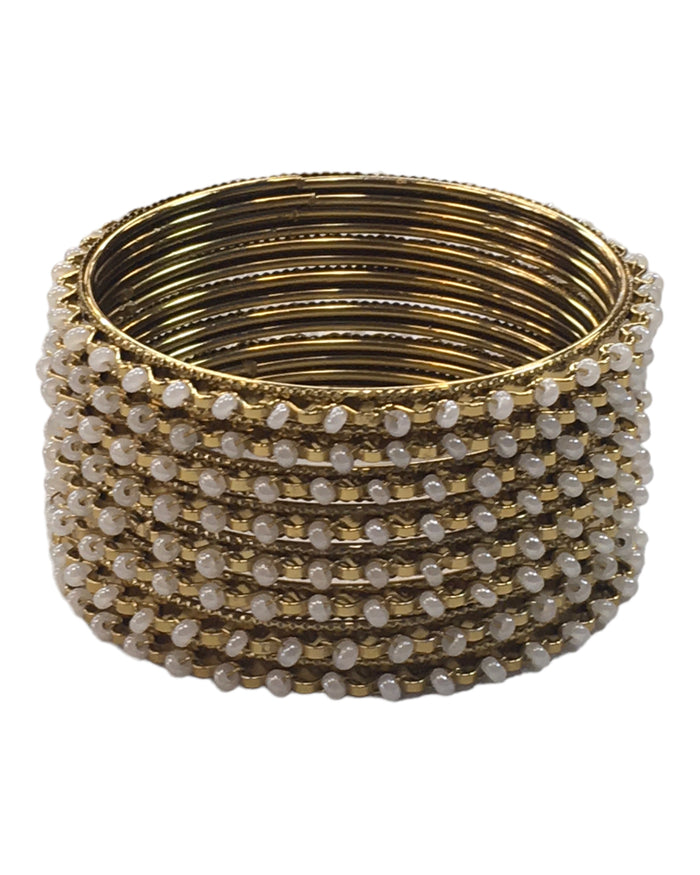 Gold / Pearl - Set of 8 Stone Bangles - Antique Gold Finish - JAN5310 Kp 0923
