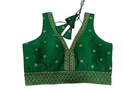 Green - Dupion Silky Saree / Lehenga blouse - 38" Bust (UK 12) Can be let out to size 16  - AF2406 H 0324