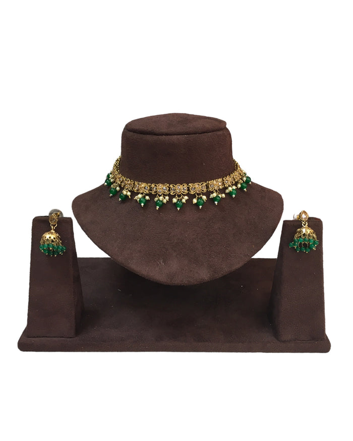 Green - Small Size Antique Gold Finish Necklace Set with Earrings - VJY402  A 0424