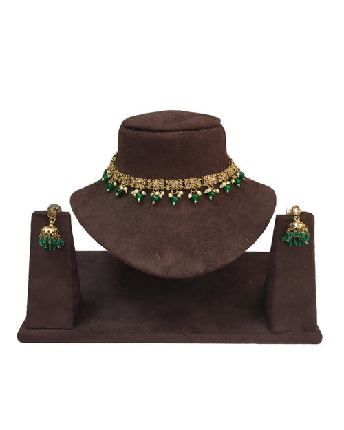 Green - Small Size Antique Gold Finish Necklace Set with Earrings - VJY402  A 0424