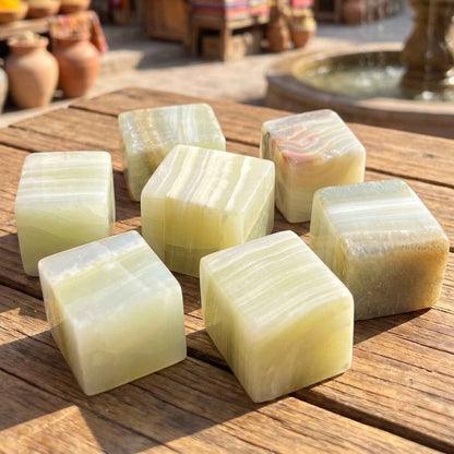 Green Banded Pistachio Calcite Crystal Cube Block Carving