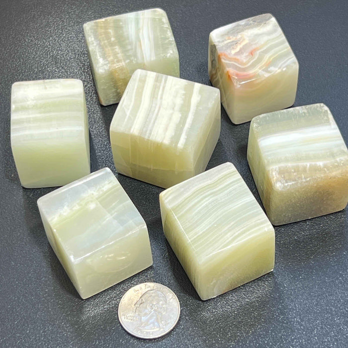 Green Banded Pistachio Calcite Crystal Cube Block Carving