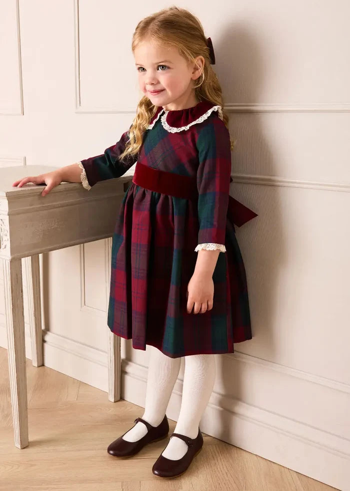 Grosvenor Tartan Lace Detail Velvet Bow Dress in Red (12mths-12yrs) DRESSES from Pepa London