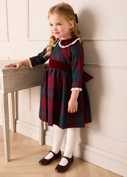 Grosvenor Tartan Lace Detail Velvet Bow Dress in Red (12mths-12yrs) DRESSES from Pepa London