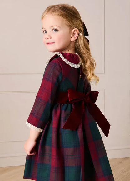 Grosvenor Tartan Lace Detail Velvet Bow Dress in Red (12mths-12yrs) DRESSES from Pepa London