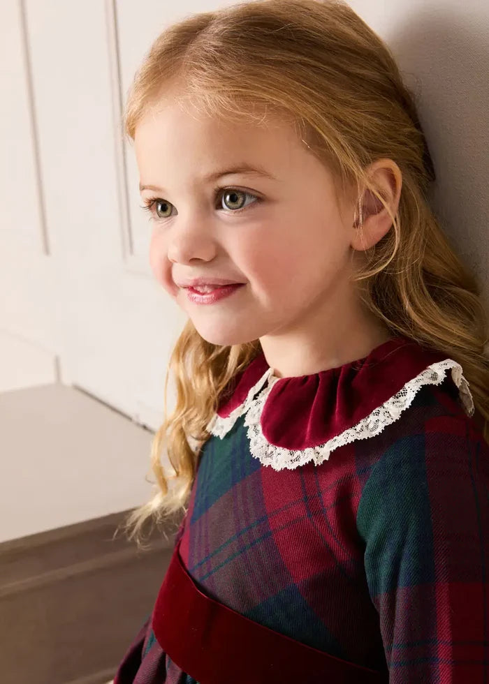Grosvenor Tartan Lace Detail Velvet Bow Dress in Red (12mths-12yrs) DRESSES from Pepa London