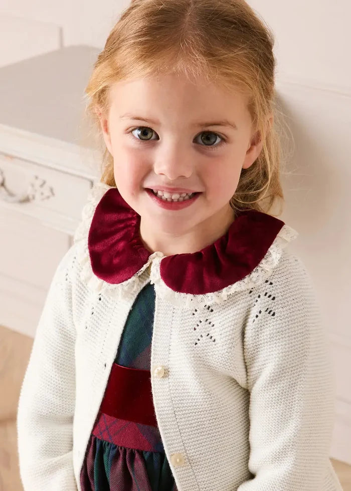 Grosvenor Tartan Lace Detail Velvet Bow Dress in Red (12mths-12yrs) DRESSES from Pepa London