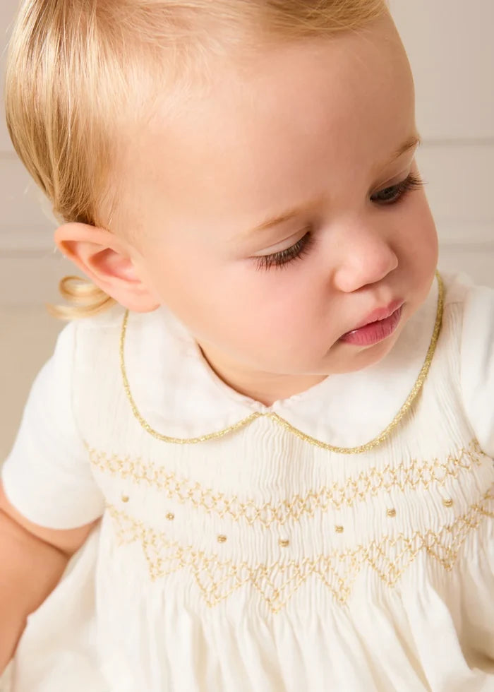 Hand Smocked Gold Embroidered Short Sleeve Romper in Ivory (3mths-2yrs) ROMPERS from Pepa London
