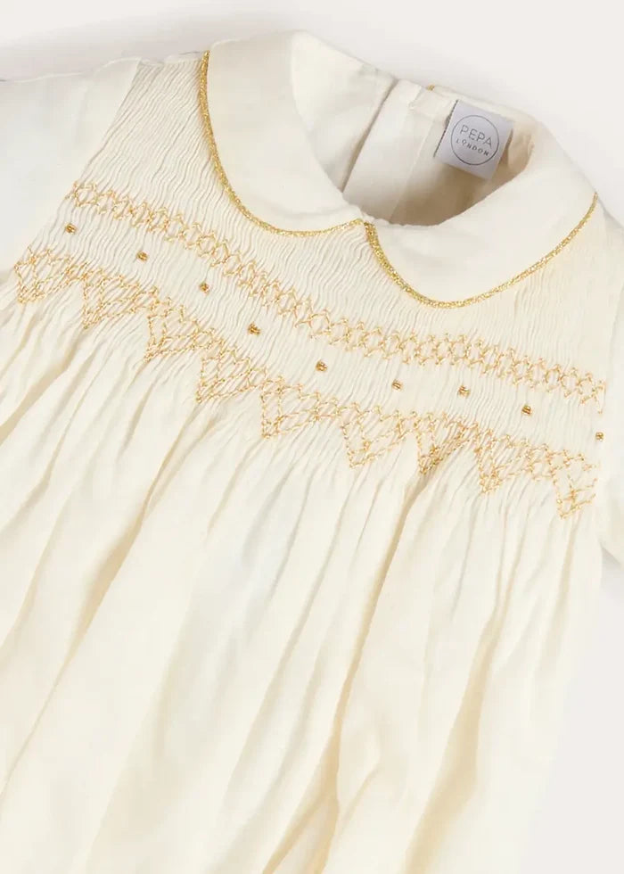 Hand Smocked Gold Embroidered Short Sleeve Romper in Ivory (3mths-2yrs) ROMPERS from Pepa London