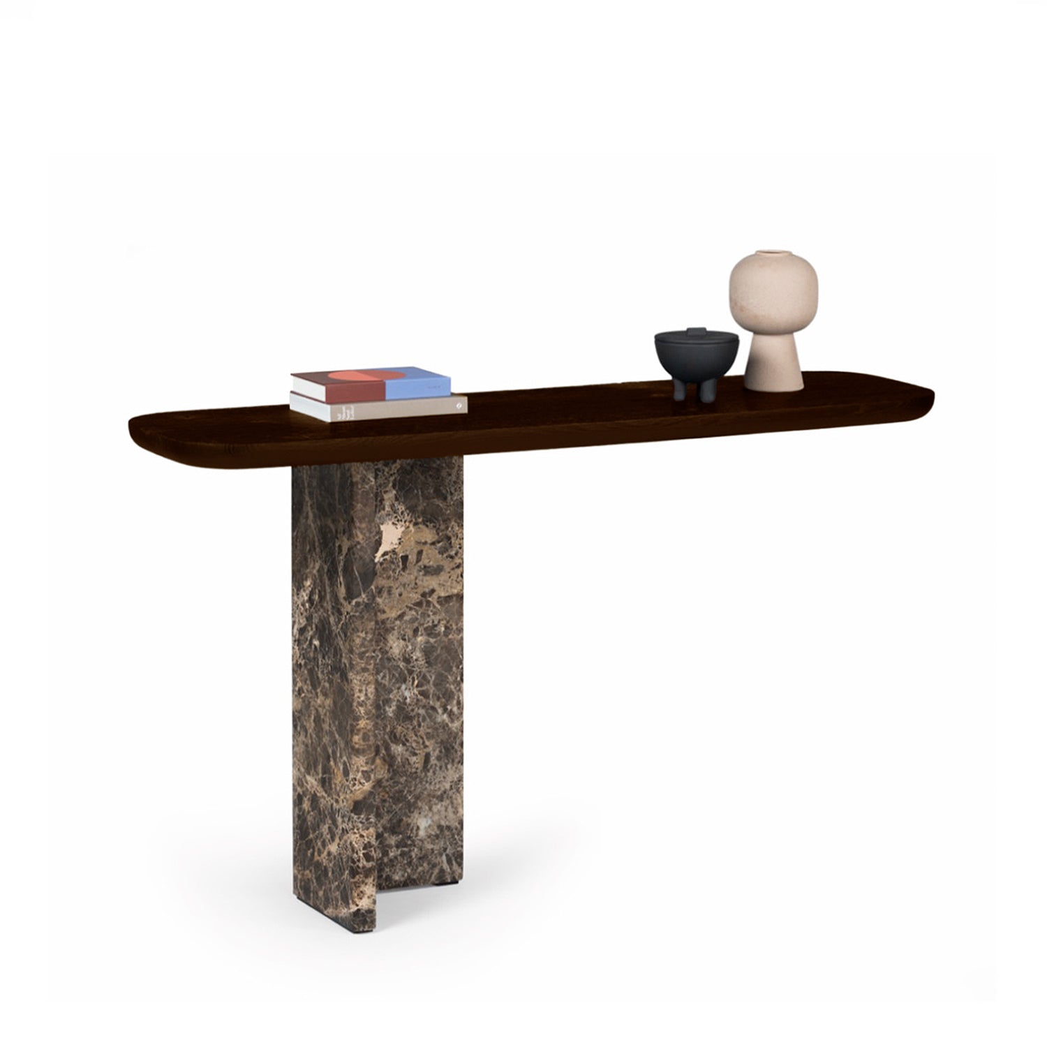 janua | bc 19 t-rox console table oval | american walnut + emperador stone 120cm