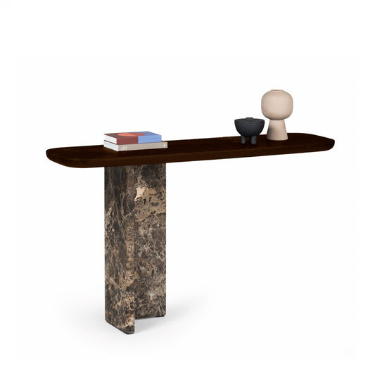 janua | bc 19 t-rox console table oval | american walnut + emperador stone 120cm