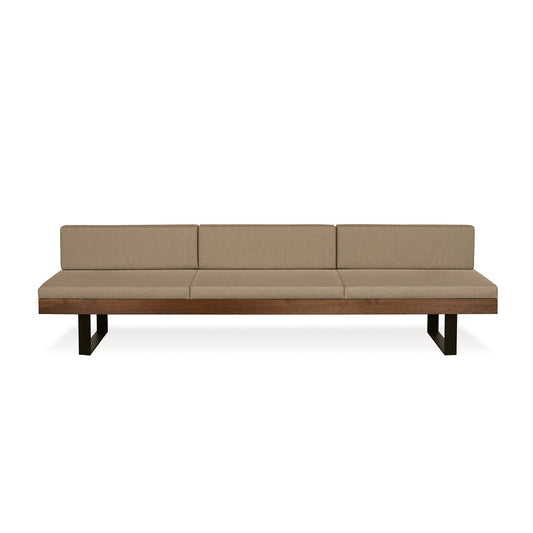 janua | bn 01 outdoor bench with backrest + wedge pillow | brushed chestnut sand + bronze base + natte heather grey 270cm