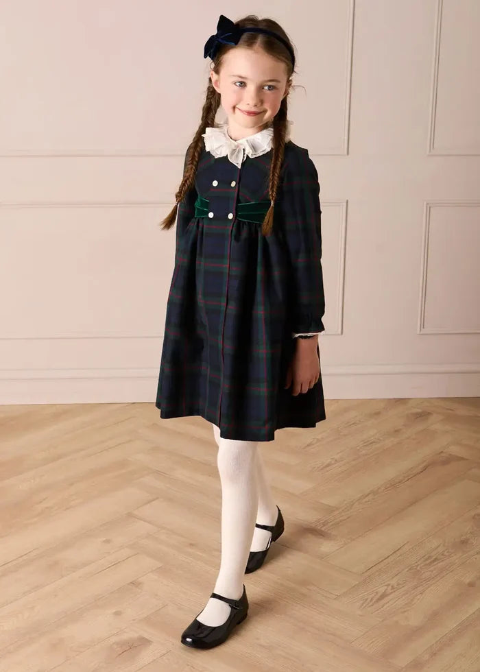 Kinnerton Tartan Double Breasted Velvet Bow Dress in Green (12mths-12yrs) DRESSES from Pepa London