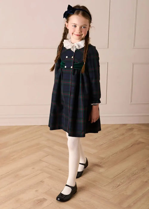 Kinnerton Tartan Double Breasted Velvet Bow Dress in Green (12mths-12yrs) DRESSES from Pepa London
