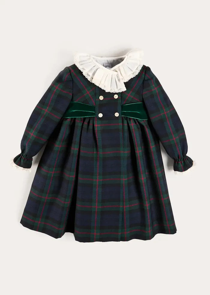 Kinnerton Tartan Double Breasted Velvet Bow Dress in Green (12mths-12yrs) DRESSES from Pepa London