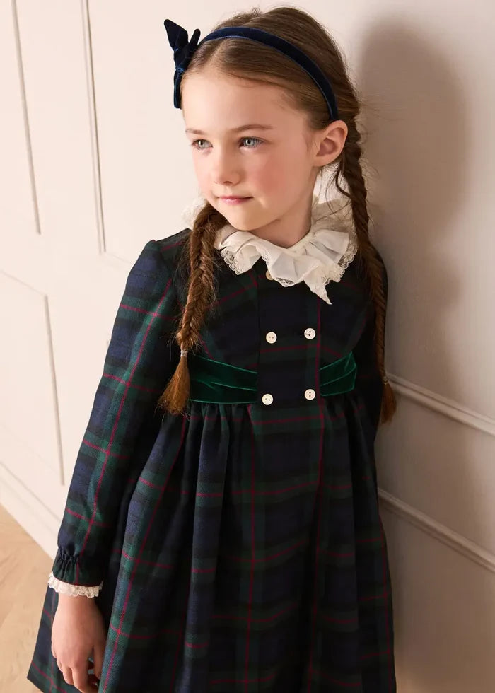 Kinnerton Tartan Double Breasted Velvet Bow Dress in Green (12mths-12yrs) DRESSES from Pepa London