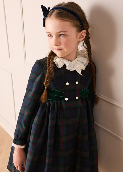 Kinnerton Tartan Double Breasted Velvet Bow Dress in Green (12mths-12yrs) DRESSES from Pepa London