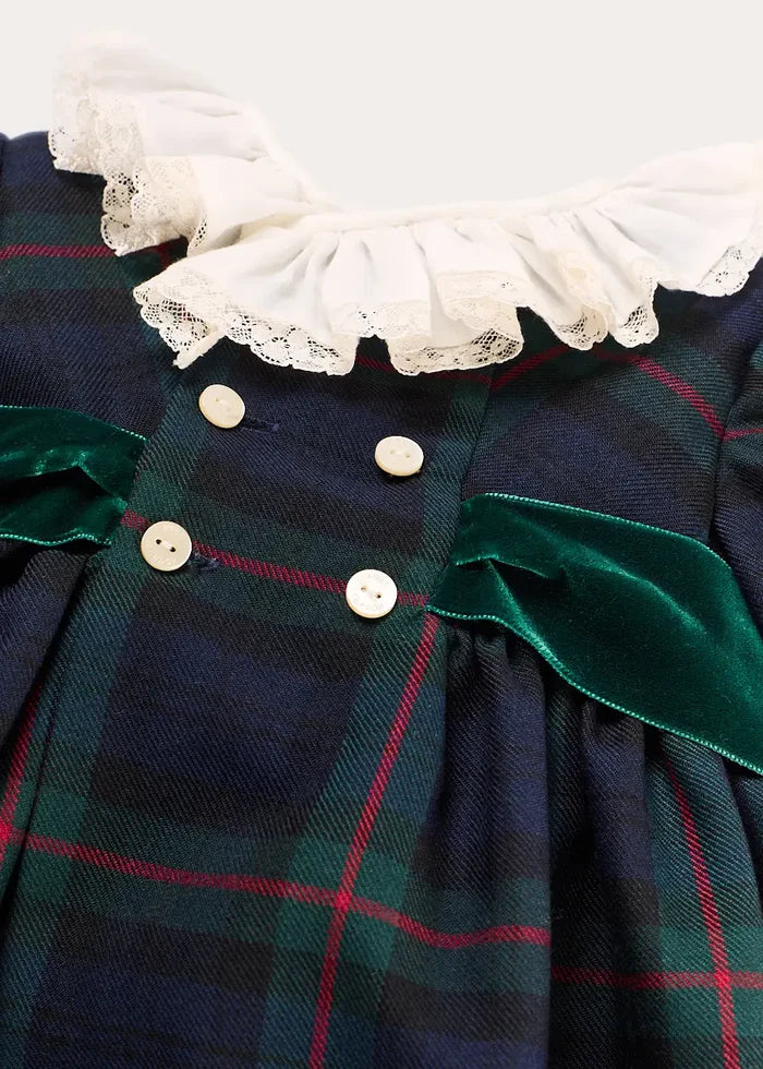 Kinnerton Tartan Double Breasted Velvet Bow Dress in Green (12mths-12yrs) DRESSES from Pepa London