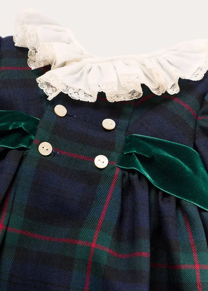 Kinnerton Tartan Double Breasted Velvet Bow Dress in Green (12mths-12yrs) DRESSES from Pepa London