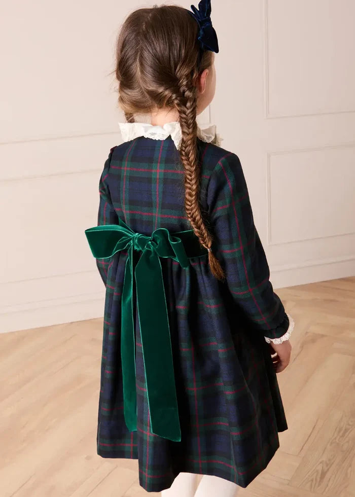 Kinnerton Tartan Double Breasted Velvet Bow Dress in Green (12mths-12yrs) DRESSES from Pepa London