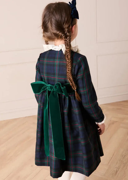Kinnerton Tartan Double Breasted Velvet Bow Dress in Green (12mths-12yrs) DRESSES from Pepa London