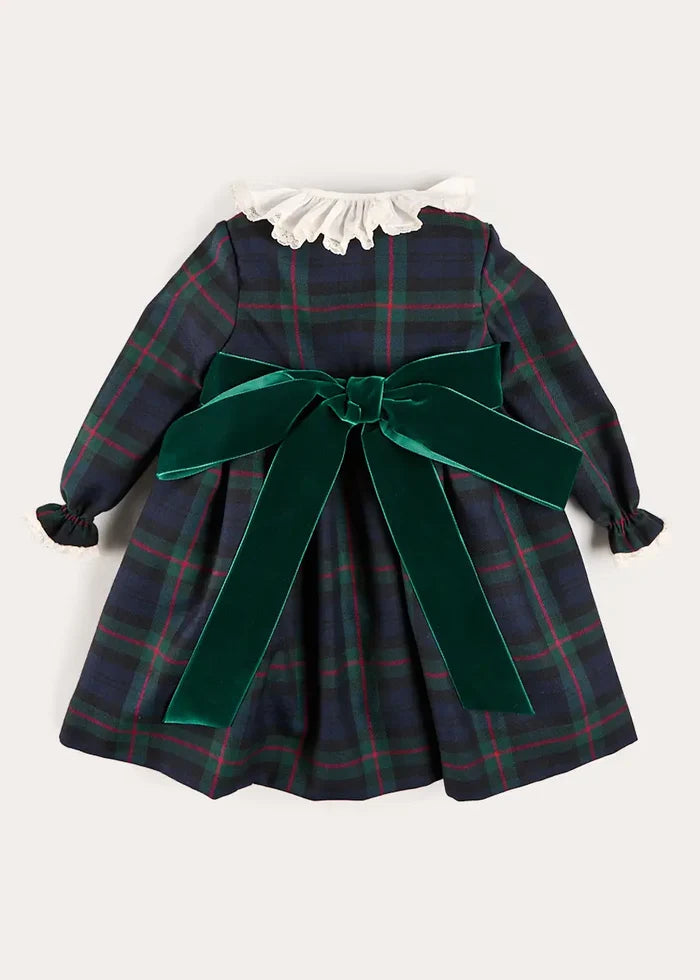 Kinnerton Tartan Double Breasted Velvet Bow Dress in Green (12mths-12yrs) DRESSES from Pepa London