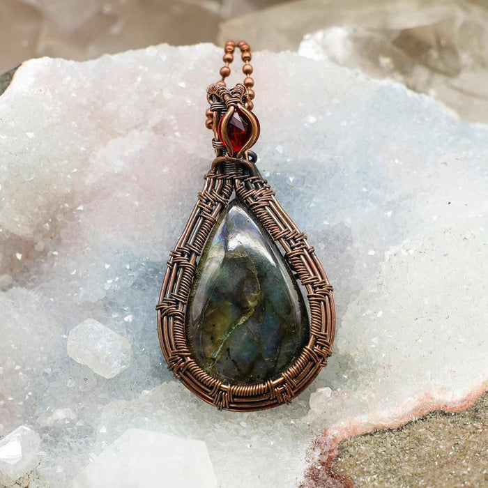 Labradorite Crystal Teardrop Copper Wire Wrap Pendant