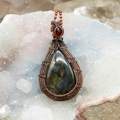 Labradorite Crystal Teardrop Copper Wire Wrap Pendant