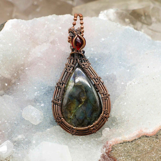 Labradorite Crystal Teardrop Copper Wire Wrap Pendant