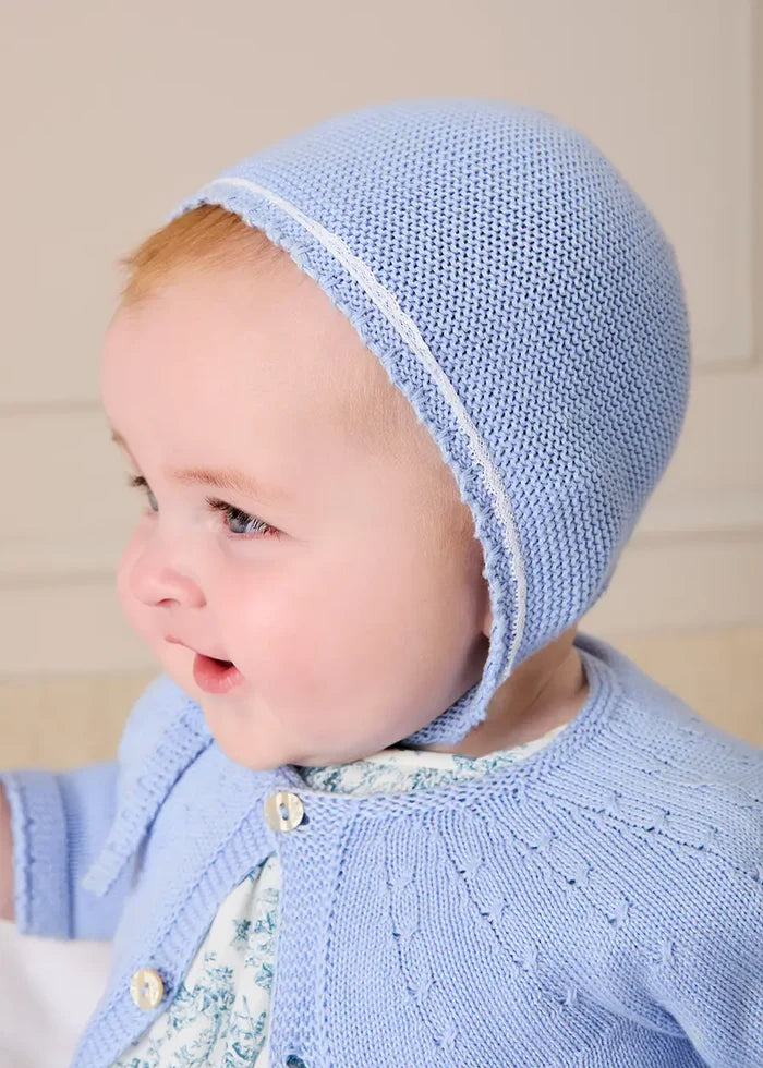 Lace Detail Knitted Bonnet in Light Blue (0-9mths) BONNETS from Pepa London
