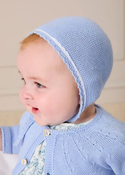 Lace Detail Knitted Bonnet in Light Blue (0-9mths) BONNETS from Pepa London