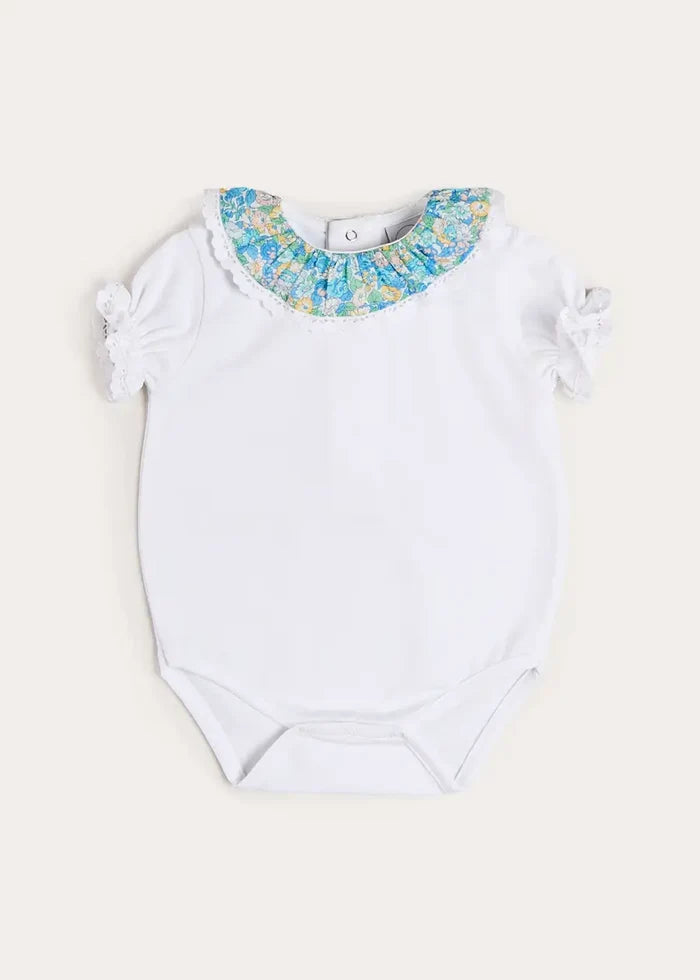Leontyne Floral Ruffle Collar Lace Detail Bodysuit in Blue Made with Liberty Fabric (1mth-3yrs) TOPS & BODYSUITS from Pepa London
