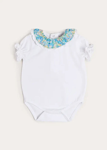 Leontyne Floral Ruffle Collar Lace Detail Bodysuit in Blue Made with Liberty Fabric (1mth-3yrs) TOPS & BODYSUITS from Pepa London