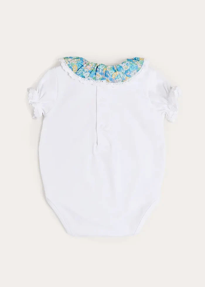 Leontyne Floral Ruffle Collar Lace Detail Bodysuit in Blue Made with Liberty Fabric (1mth-3yrs) TOPS & BODYSUITS from Pepa London