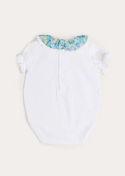 Leontyne Floral Ruffle Collar Lace Detail Bodysuit in Blue Made with Liberty Fabric (1mth-3yrs) TOPS & BODYSUITS from Pepa London