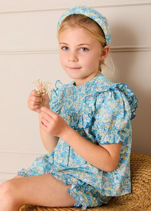 Leontyne Floral Scalloped Smocked Detail Short Sleeve Blouse in Blue Made with Liberty Fabric (2- 10yrs) BLOUSES from Pepa London