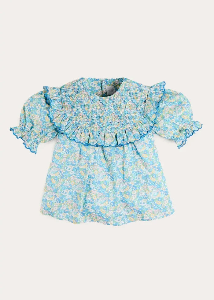 Leontyne Floral Scalloped Smocked Detail Short Sleeve Blouse in Blue Made with Liberty Fabric (2- 10yrs) BLOUSES from Pepa London