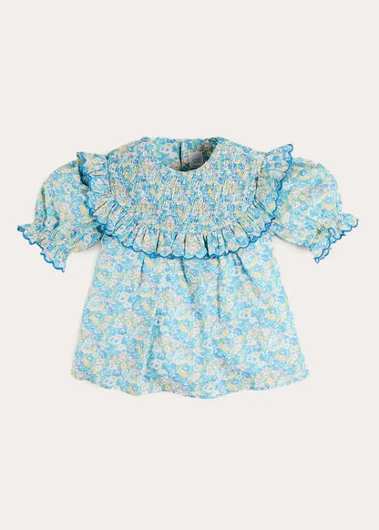 Leontyne Floral Scalloped Smocked Detail Short Sleeve Blouse in Blue Made with Liberty Fabric (2- 10yrs) BLOUSES from Pepa London