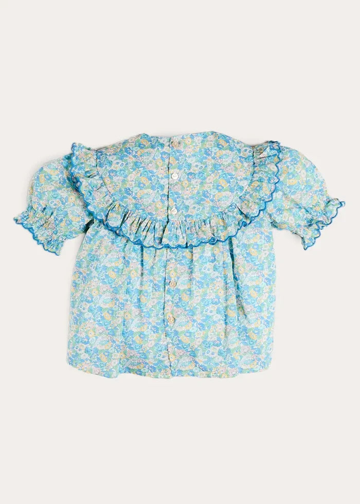 Leontyne Floral Scalloped Smocked Detail Short Sleeve Blouse in Blue Made with Liberty Fabric (2- 10yrs) BLOUSES from Pepa London