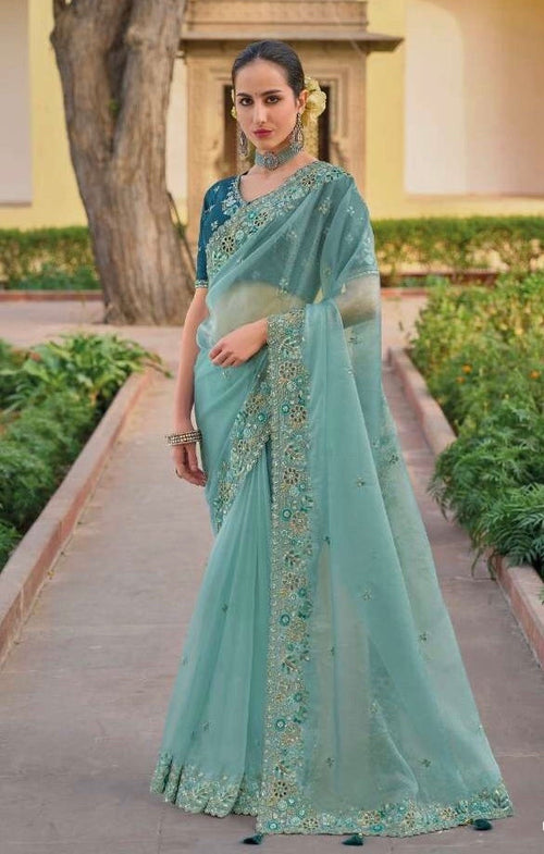 Light Blue - Chiffon Saree with Fancy Ready made Blouse - TAT6906  TH 0624