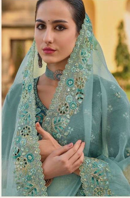 Light Blue - Chiffon Saree with Fancy Ready made Blouse - TAT6906  TH 0624