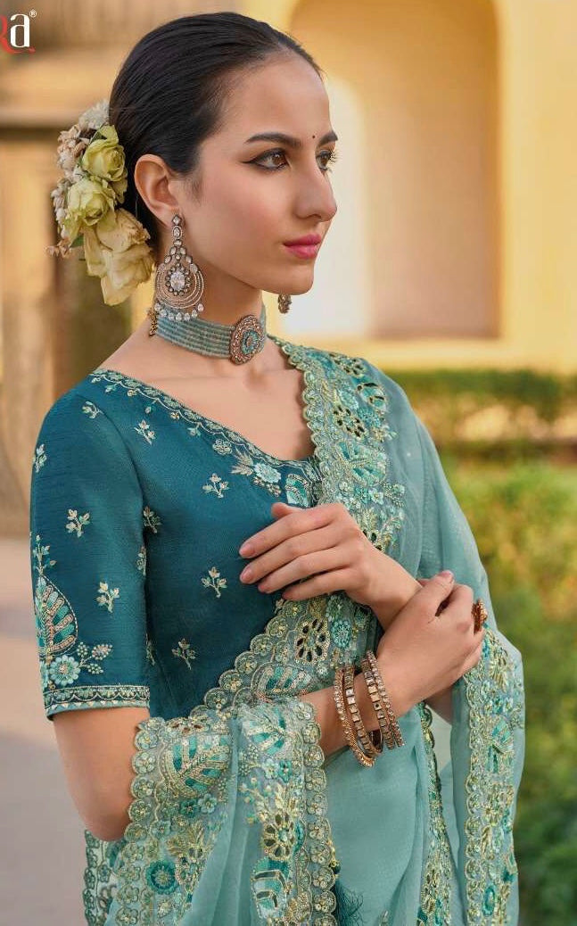 Light Blue - Chiffon Saree with Fancy Ready made Blouse - TAT6906  TH 0624