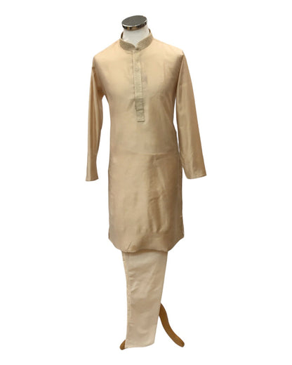 Light Gold / Beige - Cotton Silky Self Brocade Mens Kurta Set - Sangeet Mehendi Haldi - KCS1003 KK 1123